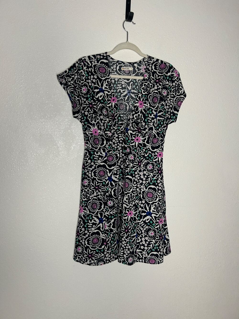 Marine Layer Camila Hemp Blend Black Floral Block Print Mini Dress Sz S